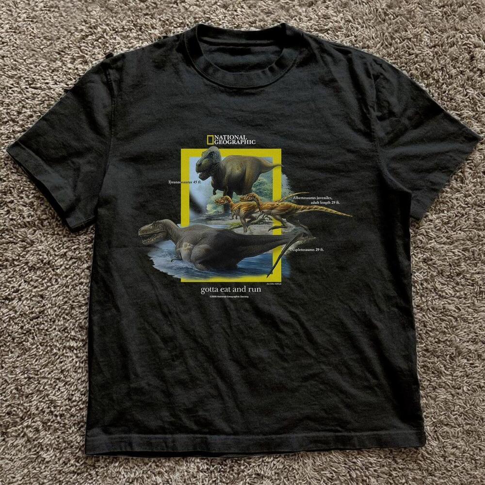 Black 1990S National Geographic Dinosaurs Gotta Eat And Run Tee